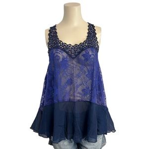 Free People Blue Lace Crepe Swing‎ Tank Womens XS Sheer